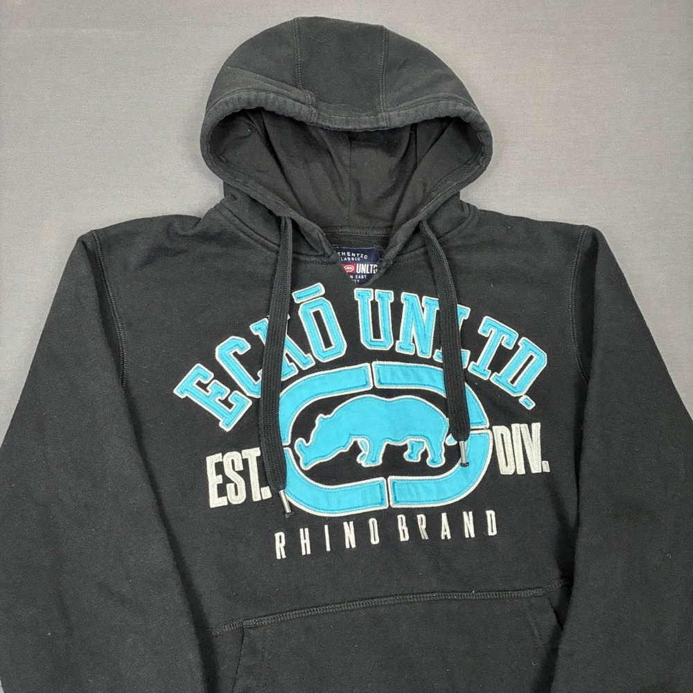 Y2K Ecko Unltd Black Pullover Hoodie Blue Rhino Graphic Men's Size Small